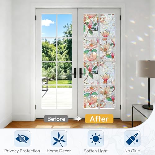 Image of rabbitgoo Stained Glass Window Privacy Film, Magnolia, 35.4 inch x 78.5 inch