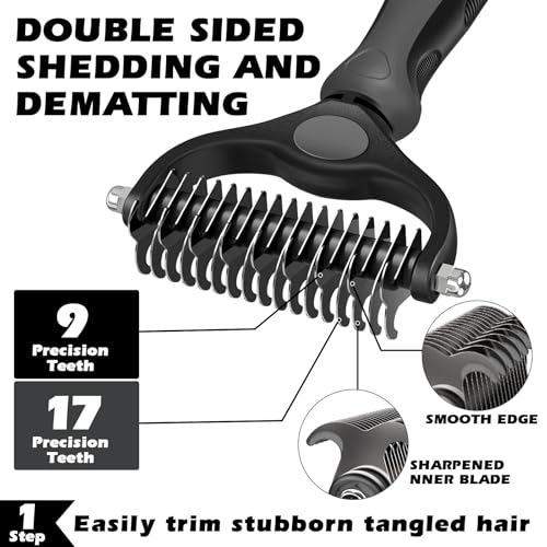 Image of Professional 3PCS Self Cleaning Slicker Brush & Pet Grooming Rake & Flea Comb for Dogs,Cats and Horses | Double-Sided Dematting Comb & Skin Friendly Deshedding Grooming Tool | Pet Supplies (Grey)