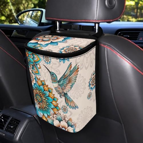 Image of Talayituse Boho Hummingbird Mandala Print Car Trash Can with Lid, Leak Proof Auto Trash Bag Hanging Vehicle Garbage Can Multipurpose Storage Container for Back Seat Road Trip