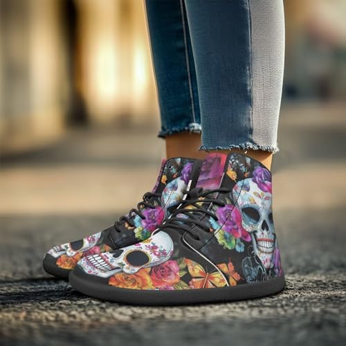 Jeiento Skull Shoes Men's Barefoot Shoes High Top PU Leather Walking Shoes Light Weight Wide Toe Box Boots Lace Up Running Sneakers2