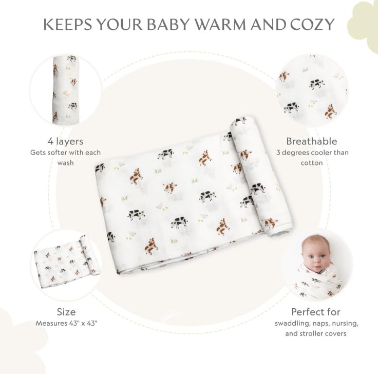Image of Muslin Baby Swaddle - Breathable Receiving Blankets for Newborn Baby, 70% Viscose derived from Bamboo, 30% Spandex, Imported - Cow