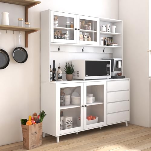 Image of 63 inch White Kitchen Hutch Cabinet with Microwave Shelf Tabletop, Large Freestanding Pantry Cupboard 4 Doors 4 Drawers Storage Sideboard Buffet