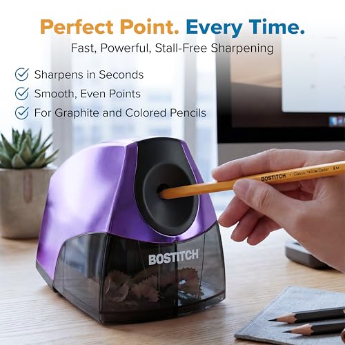Image of Bostitch Office Electric Pencil Sharpener for Classroom & Desk Use, Heavy-Duty Stall-Free Motor, High-Capacity Shavings Tray, Metallic Purple