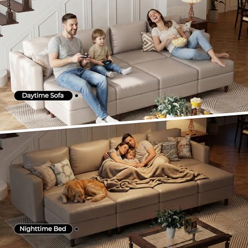 Image of ABCASA 118.5 inch Faux Leather Luxury Modular Sleeper Sofa Bed with Storage Seat, 8 Seat Sectional Couch Deep Seat with Reversible Chaises & Removable Cover - Whitesand