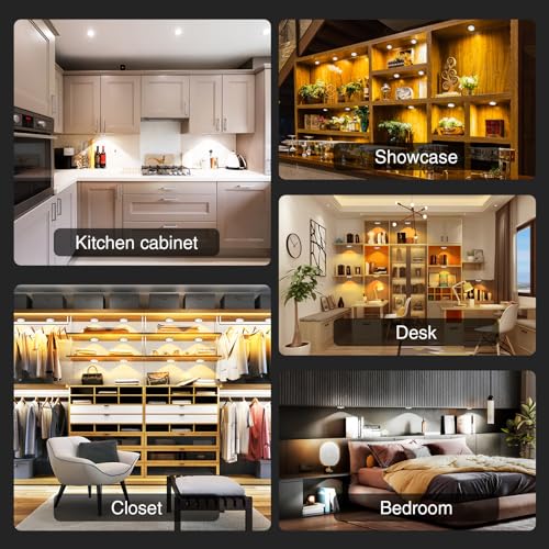 Image of Puck Lights with Remote Control Rechargeable,Wireless Under Cabinet Lighting,2000mAh Battery Operated Tap Push Touch Light,Stick On Lights for Counter,Shelf,Bookcase (White, 5 Pcs)