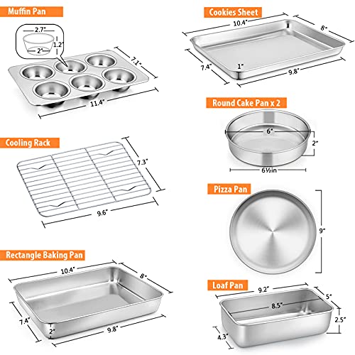 Toaster Oven Bakeware Set, E-Far 8-Piece Stainless Steel Small Baking Pan Set, Include 6-Inch Cake Pan/Rectangle Baking Pan/Cookie Sheet With Rack/Muffin/Loaf/Pizza Pan, Non-Toxic & Dishwasher Safe #TOP1
