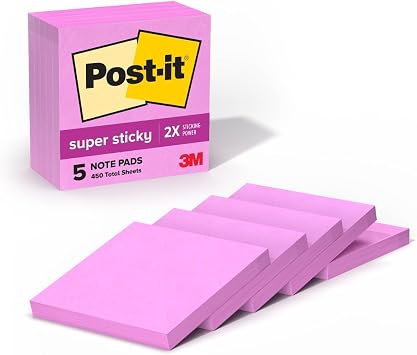 Post-it Super Sticky Notes, 3 x 3 in, Tropical Pink, 5 Pads, 90 Sheets/Pad