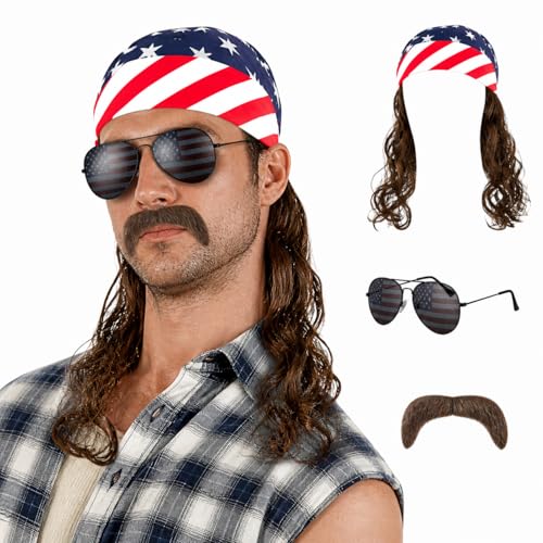 GenmeiFBH Brown Mullet Wigs for Men America 250th Anniversary Wig for 4th of July Costumes Patriotic Party Accessory Stars and Stripes Design Mohawk Hair Wig