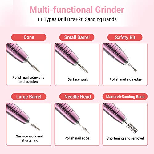 AIRSEE Electric Nail Drill, USB Manicure Pen Sander Polisher, Professional Compact Electrical Nail Files Electric Kit, Efile Nail Drills For Acrylic Nails, Manicure Pedicure Shape Nail Supply, Pink