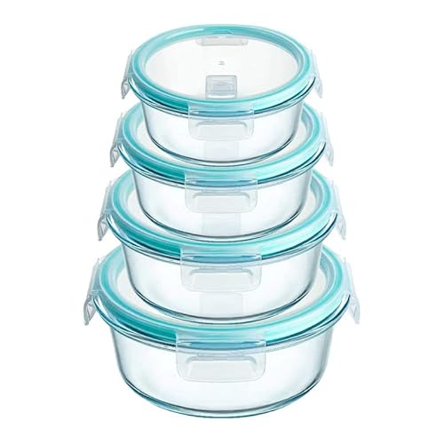 Round Glass Food Storage Containers with Lids – 4 Pack Airtight Reusable Meal Prep Set, Glass Lunch Box for Fridge Storage, Microwave, Oven & Freezer Safe Kitchen Containers
