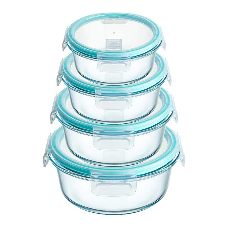 Round Glass Food Storage Containers with Lids – 4 Pack Airtight Reusable Meal Prep Set, Glass Lunch Box for Fridge Storage, Microwave, Oven & Freezer Safe Kitchen Containers