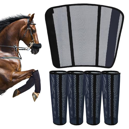 TAILNERY Fly Boots for Horses Set of 4 – Innovative Curved-Edge Design, Anti-Sag Stays, Breathable Mesh Leg Protection, Reduces Stomping & Fatigue, Comfort Fit for Medium to Large Horses - Dark Blue