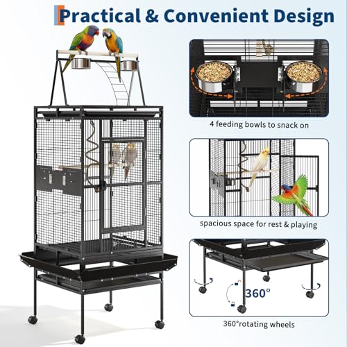 67-Inch Playtop Wrought Iron Large Parrot Bird Cages with Rolling Stand for Cockatiels Parrot Quaker Conure Parakeet Lovebird Canary Small Medium Parrot Cage Birdcage, Black - Image 4
