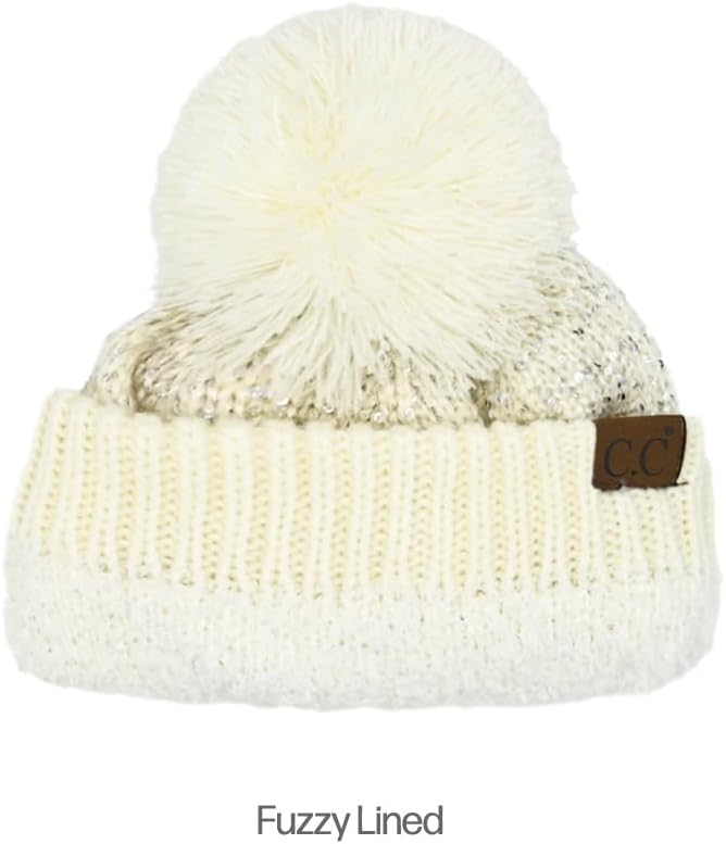 C.C Sequin Pom Beanie for Women - Acrylic Stretchable Soft Warm Knit Winter Skully Hat with Yarn Pom