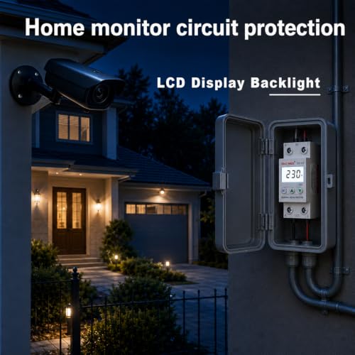 Adjustable Voltage Surge Protector 110VAC 120VAC, LCD Display with Low Power, Over/Under Voltage Protection, Smart Circuit Breaker, 63A with DIN Rail Mount