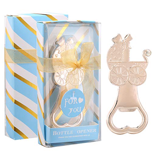 12PCS Baby Shower Decorations for Boys Gender Reveal Baby Shower Prizes Baby Carriage Gold Bottle Openers Birthday Party Favors Supplies Gifts For Guests Blue Carriage 12