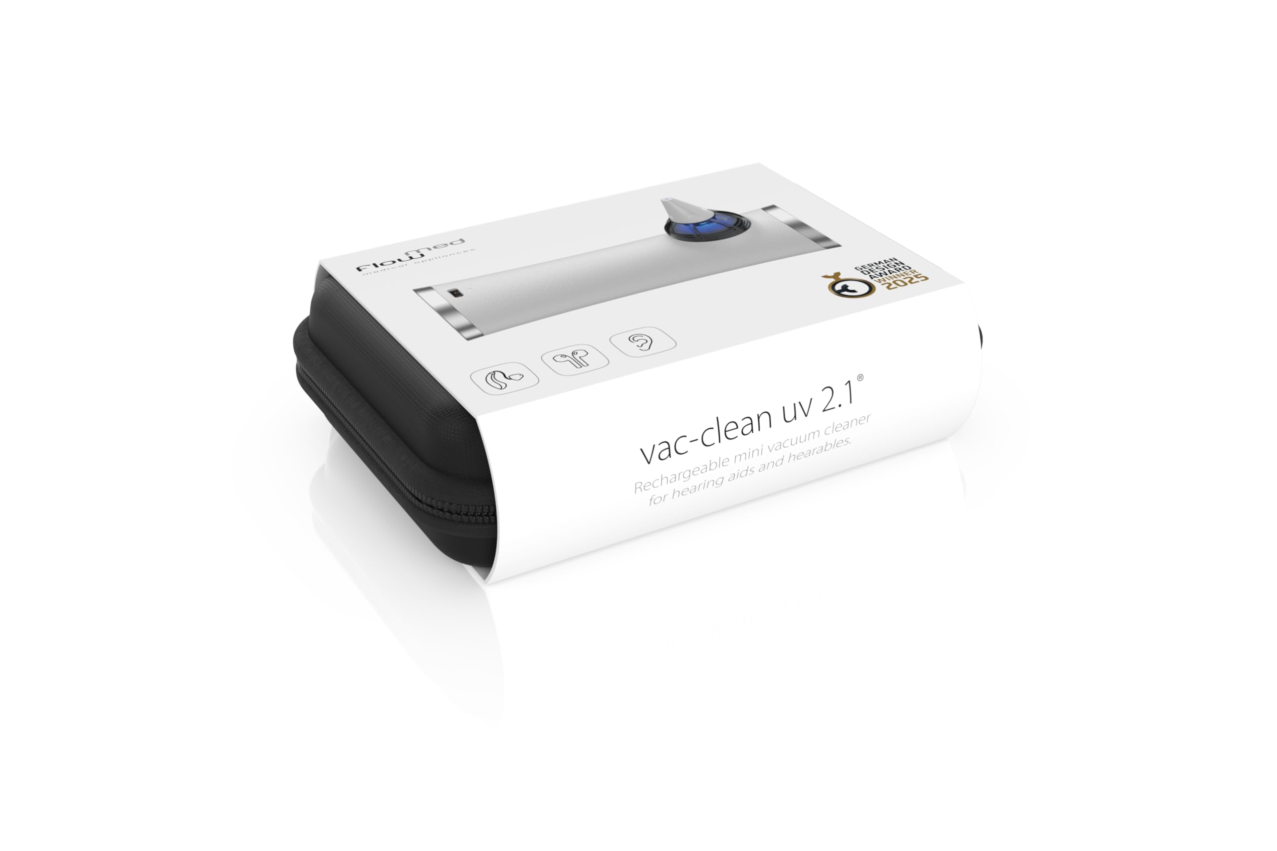 flow-med vac-clean UV 2.1 - Aspirador Recargable para Audífonos - Deshumidificador de Audífonos - 14 Accesorios - Luz UV con Efecto Antimicrobiano - USB-C - Batería Recargable - con Estuche