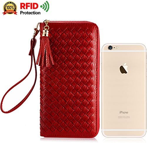 Women Red RFID Blocking Leather Tassel Wristlet Clutch Zipper Wallet with Strap for Checkbook/Phone/Credit Card [KARNI SOUL]