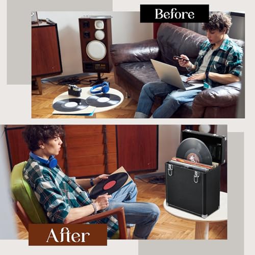 Vinyl Record Storage Box with Lock Record Organizer Storage for 32+ Single Records 12-inch Water Resistant Collapsible Storage Crate with Lid Handle Mesh Pouch for Valuable Album Collection by Yueieoun - Used condition - Image 4