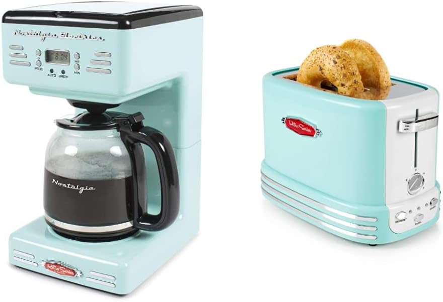 Retro 12-Cup Programmable Coffee Maker + Wide 2-Slice Toaster, Vintage Design