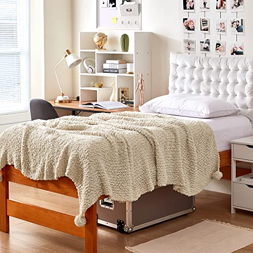 Cozy Potato® Pom Pom Yarn Knit Throw Blanket - Farmhouse White #TOP4