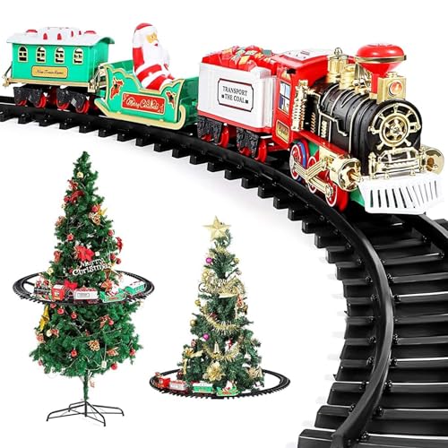 Trimming Shop Christmas Tree Train Set - Around the Xmas Tree Decoration with Lights & Realistic Sound Battery Operated Festive Toy Train Set for Xmas Holiday Décor Gift for Kids Children Families