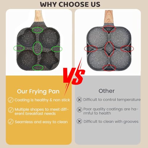 Image of 4 Cavity Egg Pan Non Stick, Pancake Maker, 4-Cup Egg Frying Pan with Wooden Handle Star & Heart Granite Mini Egg Cooking Pan for Breakfast, Pan Skillet Suitable for Gas Stove & Induction Top