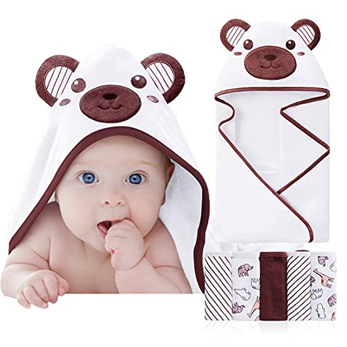 Image of SYNPOS Baby Bath Towels Hooded, Hooded Baby Towel with 5 Washcloths - Ultra Absorbent and Non-Balling Cotton Baby Bath Towel for Baby Boy/Girl, Toddler, Infant - Baby Towels and Washcloths