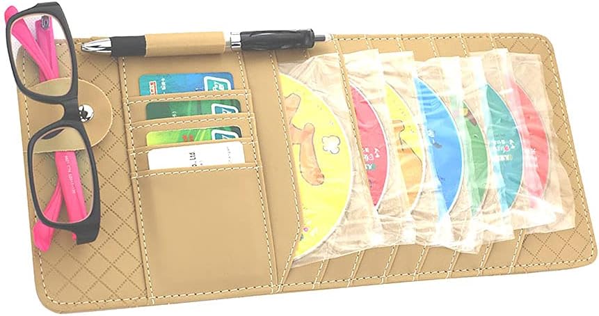 Yijueled CD Sun Visor Organizer CD DVDs Storage Case Holder Leather Vehicle Organizer Pockets Organization for Car Credit Cards Pockets Sunglasses Pen Holder : Automotive