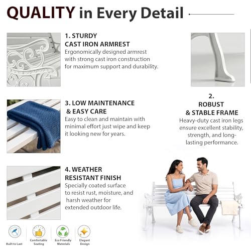 Image of BRISHI 3 Seater cast Iron Garden Bench for Indoor & Outdoor Park /Patio /Living Room /Terrace /Balcony (White)
