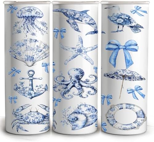 Nautical Toile Blue Watercolor Design - Chinoiserie Ocean Animals...