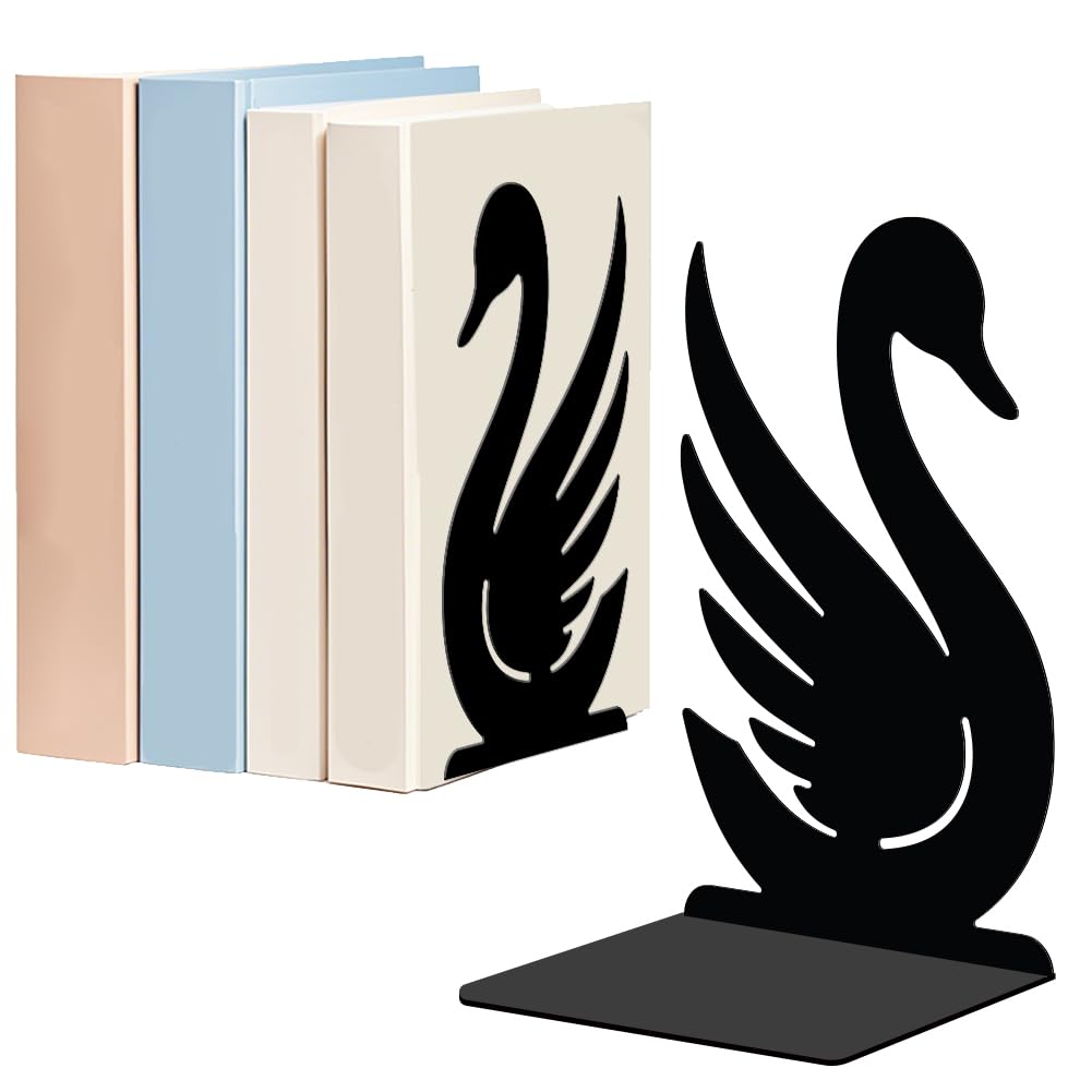 WADORN 1 Pair Swan Metal Decorative Bookend for Shelves, Heavy Duty Book Ends Modern Non-Skid Books Holder Stand Black Book Support Stoppers for Desk Bookshelf Office Home, 5.3x4.3x7.8 Inches