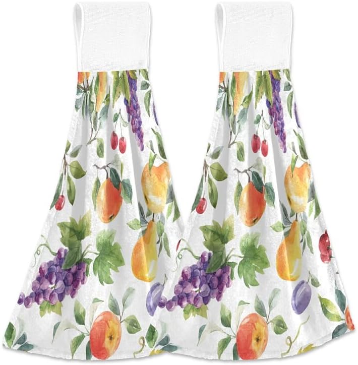 Pear Apple Grape Plum Kitchen Oven Towels Summer Fruits Hanging Hand Towel with Loop 2 Pieces Super Absorbent Dishcloth Fingertip Tea Bar Dish Towel for Bathroom Tabletop