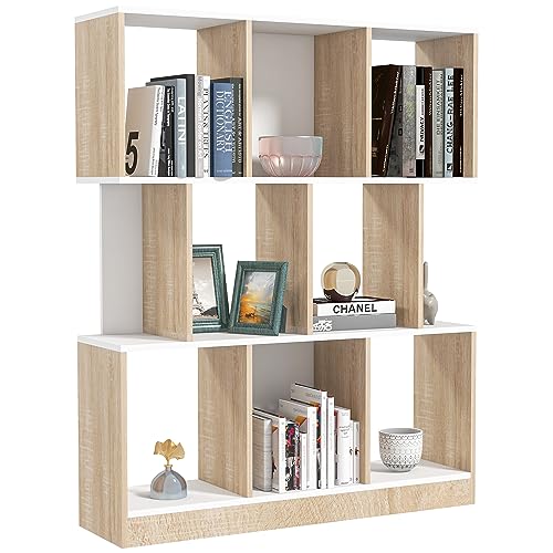 HOMCOM Bibliothèque Murale Moderne en Bois, bibliothèque à 8 étagères pour Le Salon et la Chambre, chêne et Blanc
