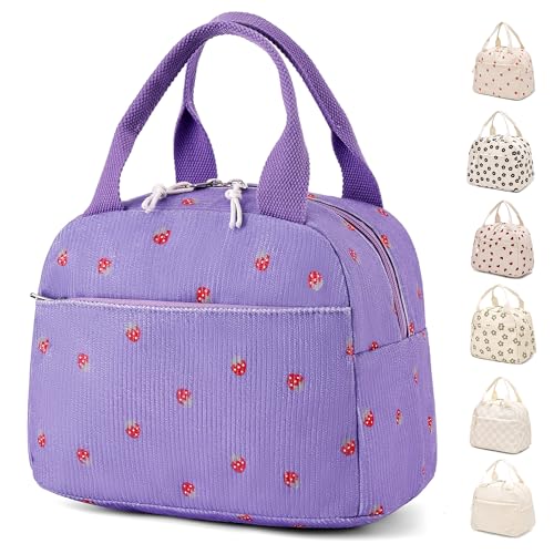 Lunch Bag for Women Girls Men,Cute Women Lunch Bags,Soft Leakproof Large Lunch Bag women for Work,Picnic or Travel,Lunch box,Corduroy lunch Tote Bags Reusable Insulated (Purple Strawberry)