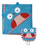 Skip Hop Zoo Baby Infant and Toddler Soft Cotton Hooded Bath Towel and Mitt Washcloth Set, Two Pieces, Multi, Otis Owl
