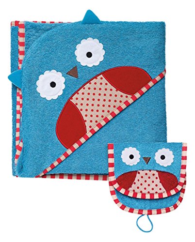 Image of Skip Hop Zoo Baby Infant and Toddler Soft Cotton Hooded Bath Towel and Mitt Washcloth Set, Two Pieces, Multi, Otis Owl