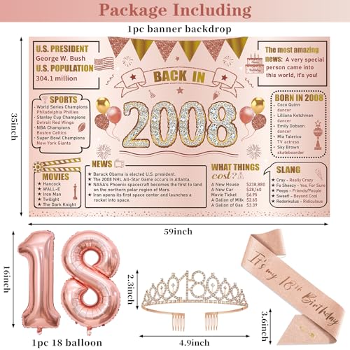 Image of Zirtorei 18th Birthday Decorations Kit for Girls Women, 22pcs Pink Rose Gold Happy 18th Birthday Balloons Banner Party Supplies, Awesome Since 2008 18 Year Bday Crown Sash Hanging Swirls Gifts