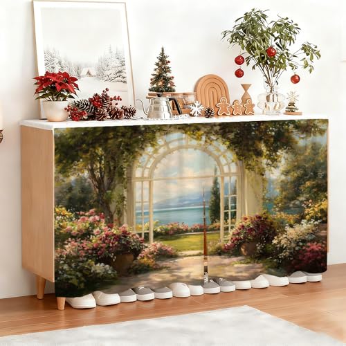 Image of Self Adhesive Secret Garden Cabinet Curtain for Mother's Day, 39x28 Inch Lake Scenery Under Sink Skirt No Drill, Spring Cleaning Kitchen Decor, Hook and Loop Laundry Valance