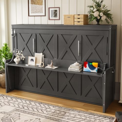 Bellemave Full Size Murphy Bed with Desk & USB Charging Station, Wooden Murphy Cabinet Wall Bed with Storage Pegboard & LED Lights for Guest Room/Home Office/Studio Apartment (Dark Gray/Full)