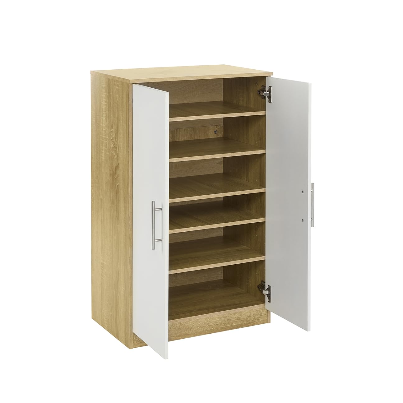 Scarpiera elegante in legno di quercia bianca, scarpiera a 2 ante con 6 ripiani regolabili, altezza 108 cm (piano bianco/rovere)