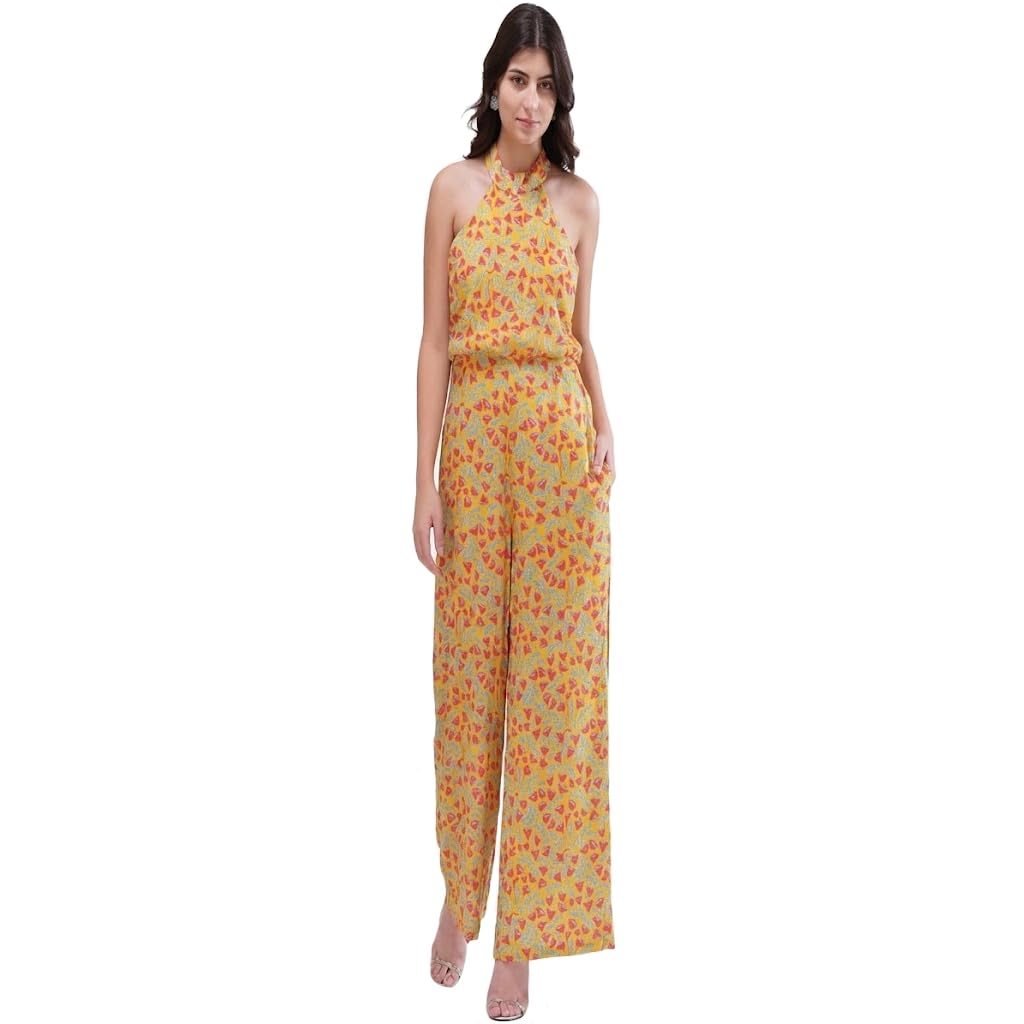 queens n dolls Women Halter Neck Jumpsuit with Wide-Leg Pants | Women's Summer Jumpsuits | Yellow Color Printed Jumpsuit | Ethnic & Casual Wear Extra Large Size-picture-34