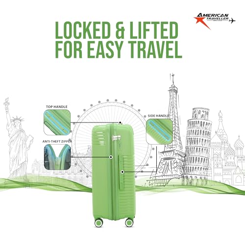 Image of AMERICAN TRAVELLER Touris Travel Trolley Bag Single Small | Lightweight Expandable Polypropylene Hard Shell | Large Suitcase with TSA Lock | 8 Lego Wheels | Travel Luggage for Men & Women (20, Green)