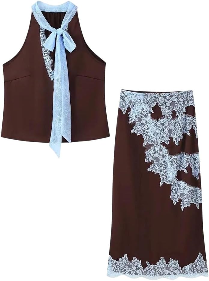 Women's Skirt Suit Lace V-Neck Zipper Slim Long Skirt Set