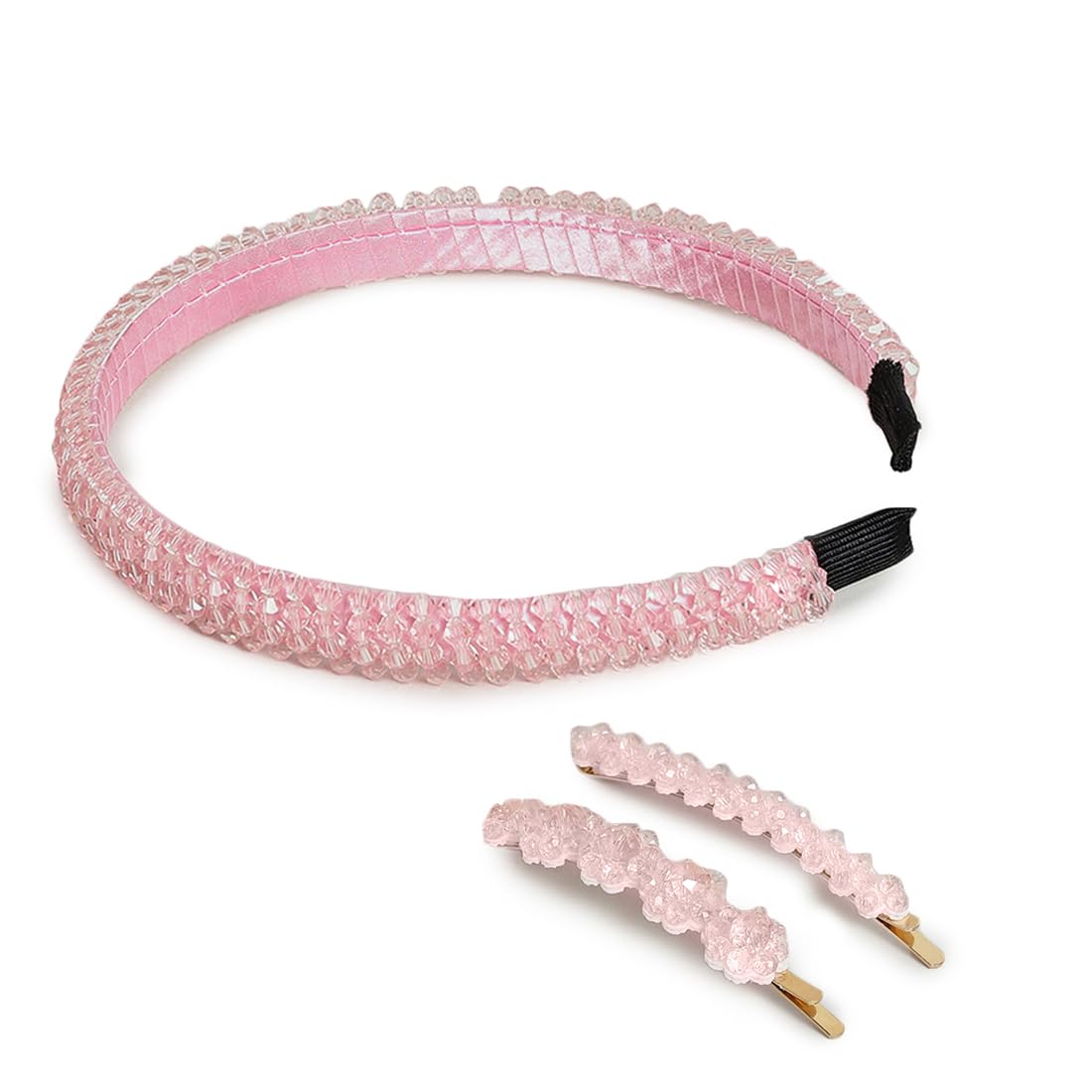 El Regalo 3 PCs Rhinestone Crystal Headband & Hair Clips Set - Shiny Non-Slip Beaded Party Hairband Hair Band with 2 Hair Clisp - Hair Accessories Hair Decoration for Women Girls (Pink)-image-46