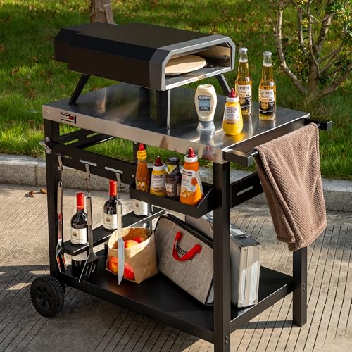 Royal Gourmet Grillwagen Rollwagen mit Edelstahl-Platte für Tischgrill und Pizzaofen, Outdoor Servierwagen Grilltisch mit außergewöhnlicher Tragfähigkeit