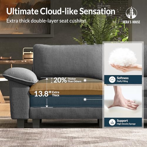 Image of HERA'S HOUSE 124 inch Oversized Modular Sectional L Shaped Sofa, Corduroy Grey | 4-Seater Living Room Couches, Wider Armrest and Deep Seat, Comfy Cloud Couch with Ottoman, Wood Sturdy Frame