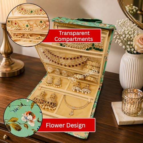 Image of Trendifly Cotton Blend Foldable Multipocket Jewellery Suitcase Women Embroidery Travelling Jewelry Sutcase Bag 5 Transparent Pockets Earrings Necklace Bangles Rings Girls (Flower Green)