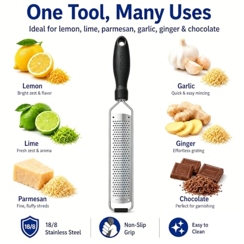 Image of Zester Grater, Lemon Zester Grater with Handle, Premium Stainless Steel Citrus Zester for Parmesan, Garlic, Chocolate, Ginger, Non-Slip Grip, Safety Cover & Cleaning Brush, Black