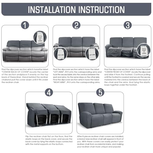 Taococo Recliner Sofa Covers 8-Pieces Stretch Large Couch Covers For 3 Seats Reclining Slipcovers Soft Jacquard Pattern Furniture Protector Grey thumb #4